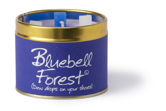 Bluebell Forest scented tin candle by Lily-Flame, featuring a bluebell floral design on a round metal container.