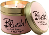 Lily-Flame blush scented tin candle with floral design, showing the candle inside the decorative metal tin.