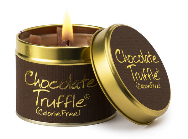 Lily-Flame chocolate truffle scented tin candle with a decorative label, perfect for cozy home ambiance.