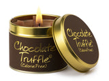 Lily-Flame chocolate truffle scented tin candle with a decorative label, perfect for cozy home ambiance.