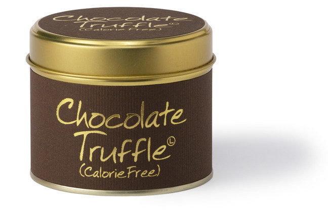Lily-Flame chocolate truffle scented tin candle with a decorative label and warm, inviting design on the metal container.