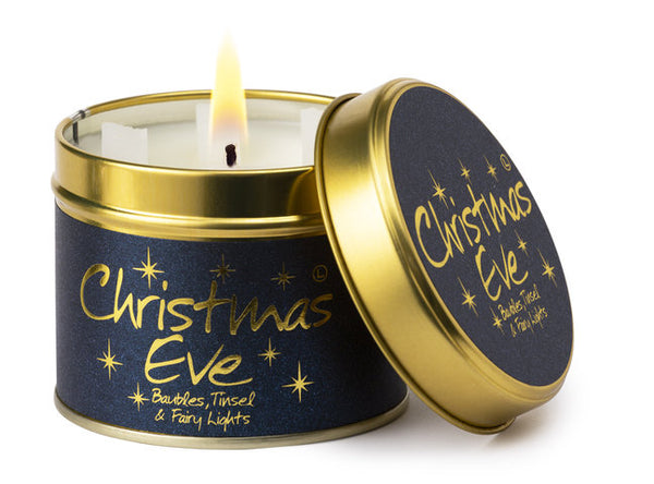 Lily-Flame Christmas Eve scented tin candle with festive holiday design and warm glow, perfect for holiday decor and cozy ambiance.