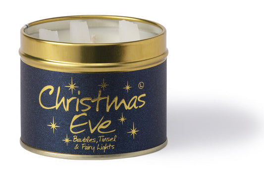Lily-Flame Christmas Eve scented tin candle with festive holiday design and warm winter fragrance in a compact tin container.