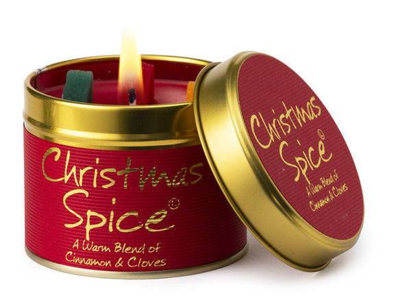 Lily-Flame Christmas Spice scented tin candle with festive red and green packaging, featuring a cozy holiday-themed design.