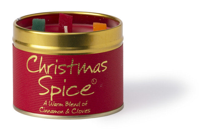 Lily-Flame Christmas Spice scented tin candle with festive red and green packaging, featuring a cozy holiday design.
