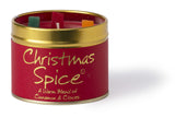 Lily-Flame Christmas Spice scented tin candle with festive red and green packaging, featuring a cozy holiday design.