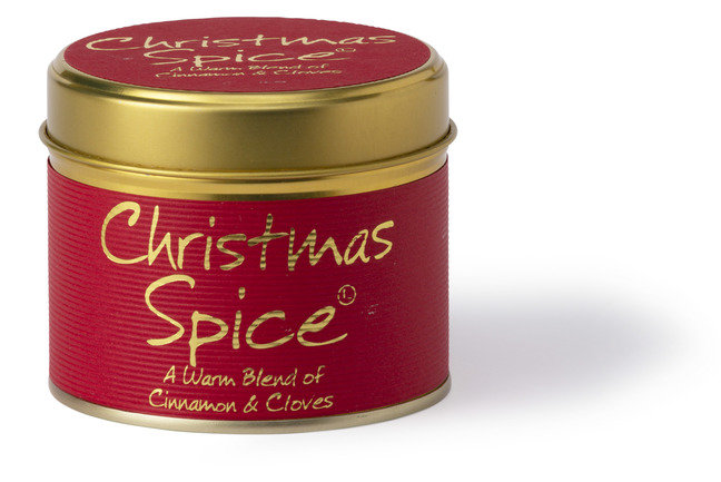 Lily-Flame Christmas Spice scented tin candle with festive holiday design and warm, spicy aroma in a decorative metal tin.