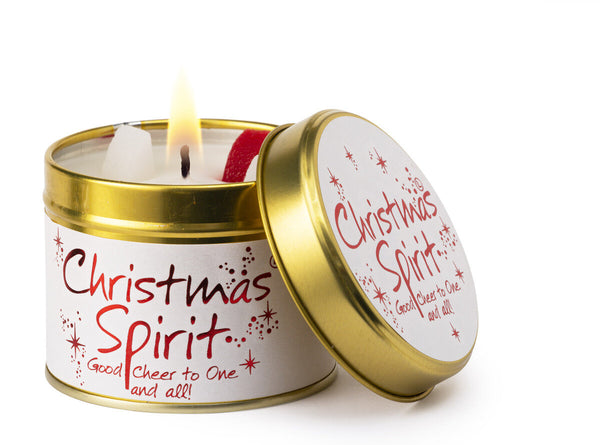 Lily-Flame Christmas Spirit scented tin candle with festive holiday design and imagery, perfect for seasonal decor.