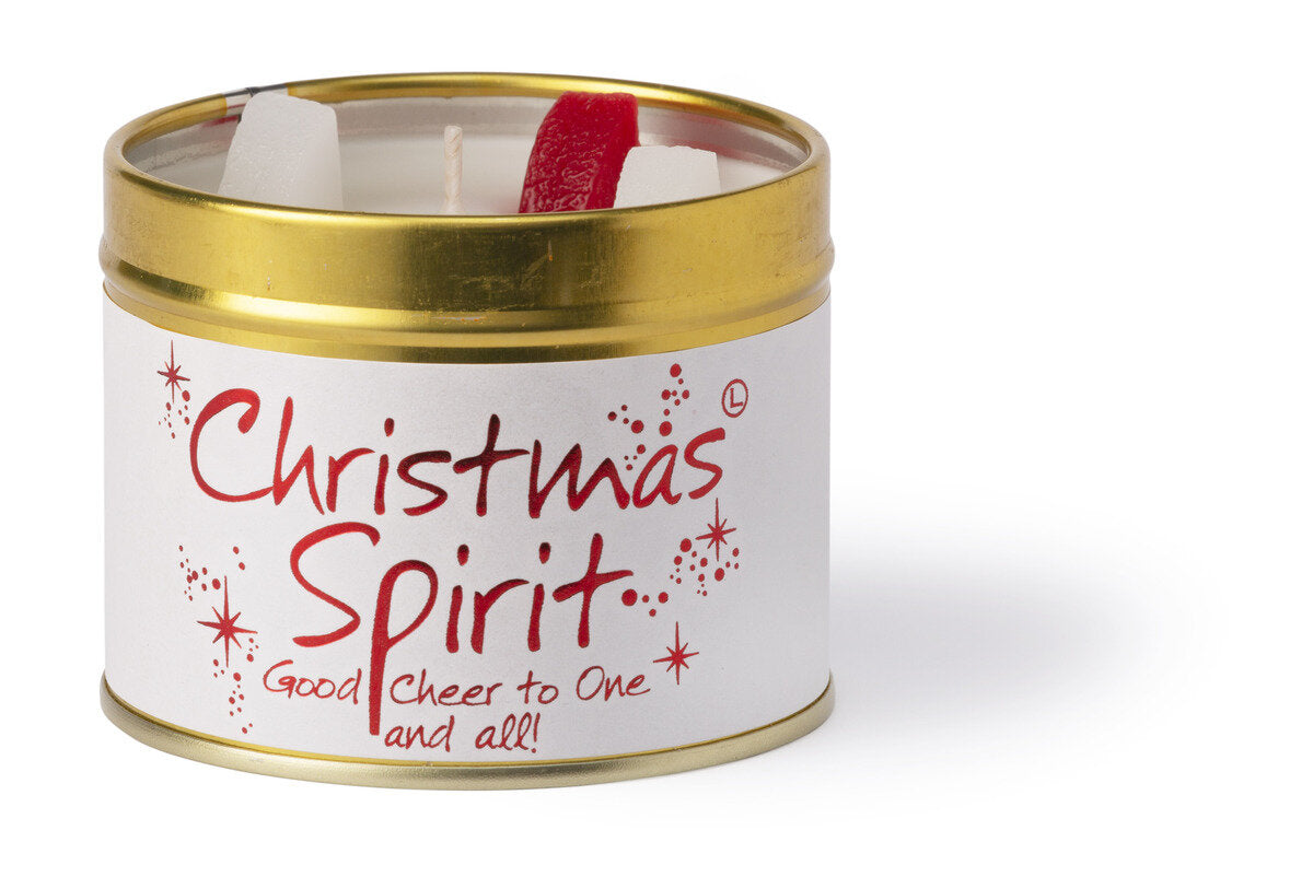Lily-Flame Christmas Spirit scented tin candle with festive holiday design and a warm, cozy glow.