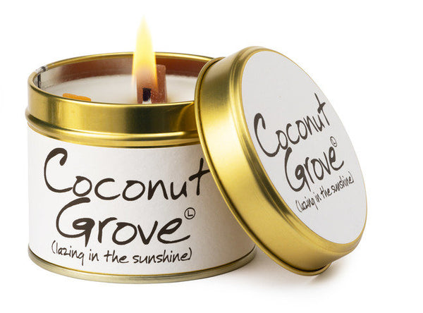 Lily-Flame Coconut Grove scented tin candle with tropical coconut and fruity notes in a decorative metal container.