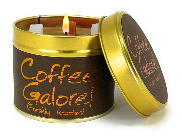 Lily-Flame Coffee Galore scented tin candle with coffee bean design and warm, inviting aroma in a decorative metal tin.