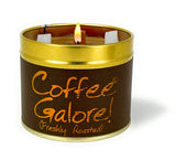 Lily-Flame Coffee Galore scented tin candle with coffee bean design and warm candle flame inside.