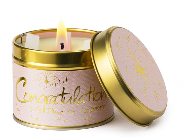 Lily-Flame Congratulations scented tin candle with festive design in a decorative metal container.