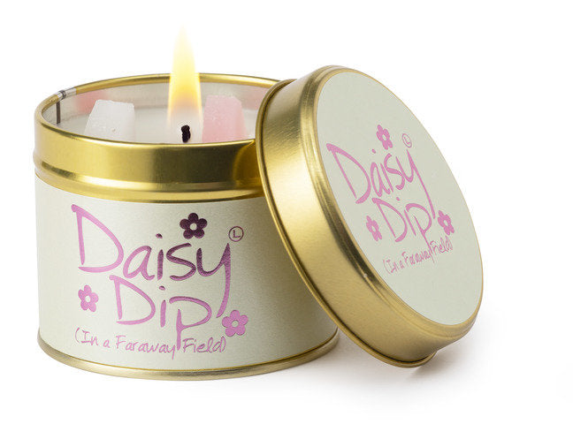 Lily-Flame Daisy Dip scented tin candle with a floral design and metal lid, perfect for home decor or gifting.