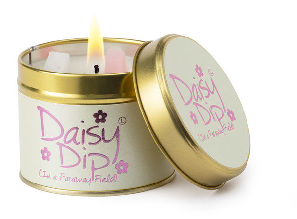 Lily-Flame Daisy Dip scented tin candle with a floral design and metal lid, perfect for home decor or gifting.