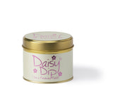 Lily-Flame Daisy Dip scented tin candle with a floral design on a white background.