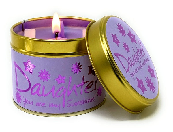 Lily-Flame Daughter scented tin candle with floral design, featuring a white candle inside a decorative metal tin for home ambiance.