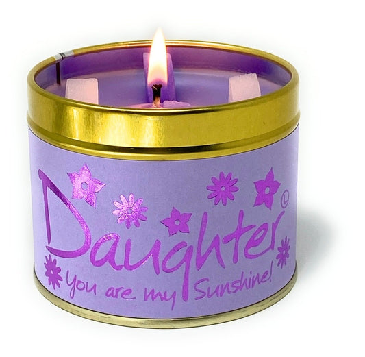 Lily-Flame Daughter scented tin candle with floral design, featuring a white and pink aesthetic and a decorative lid.
