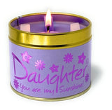 Lily-Flame Daughter scented tin candle with floral design, featuring a white and pink aesthetic and a decorative lid.