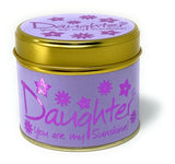 Lily-Flame daughter scented tin candle with floral design and warm candle flame, ideal for gifting or home decor.