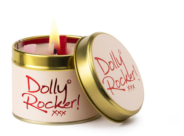 Lily-Flame Dolly Rocker scented tin candle with floral design and pink wax, perfect for adding a cozy fragrance to any space.