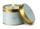Lily-Flame scented tin candle with floral design and metal lid, perfect for home decor and ambient lighting.