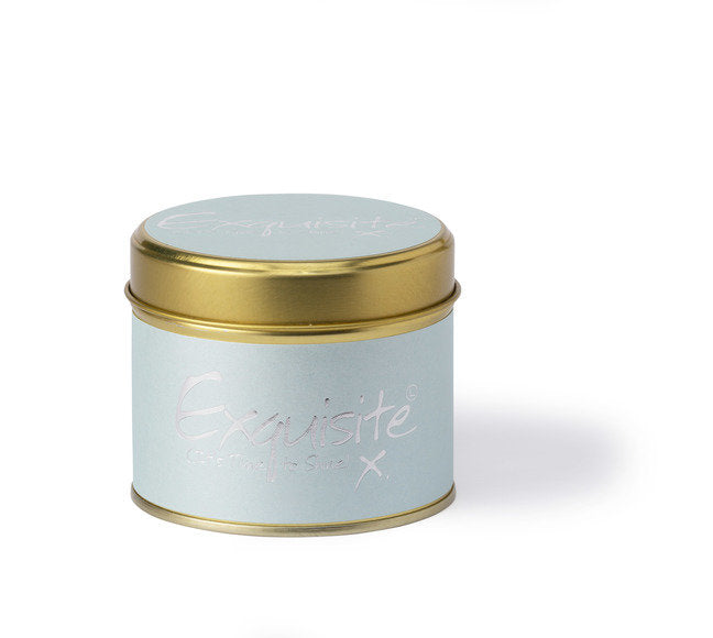 Lily-Flame scented tin candle with elegant floral design, showcasing a decorative metal container and a lit wick inside.