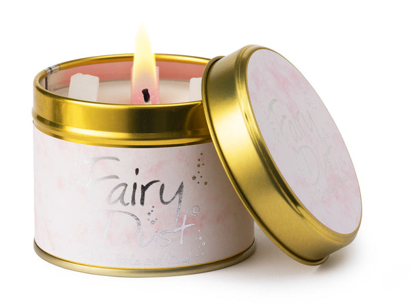 Lily-Flame Fairy Dust scented tin candle with colorful fairy dust design and a silver lid, perfect for adding charm to any space