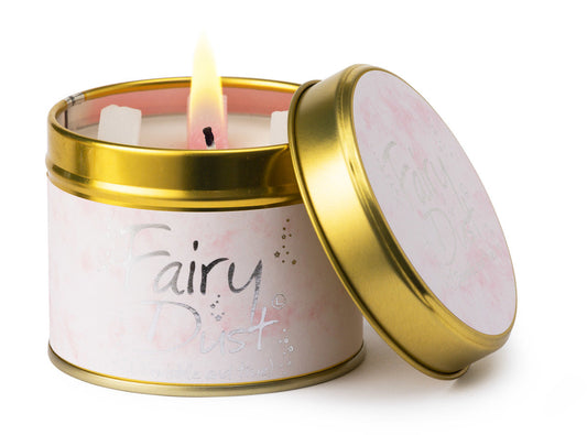 Lily-Flame Fairy Dust scented tin candle with colorful fairy dust design and a silver lid, perfect for adding charm to any space