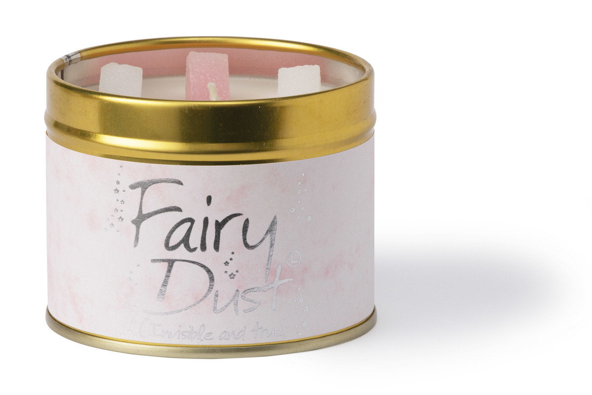 Lily-Flame Fairy Dust scented tin candle with shimmering design and floral accents, ideal for adding a magical touch to decor.
