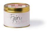 Lily-Flame Fairy Dust scented tin candle with shimmering design and floral accents, ideal for adding a magical touch to decor.