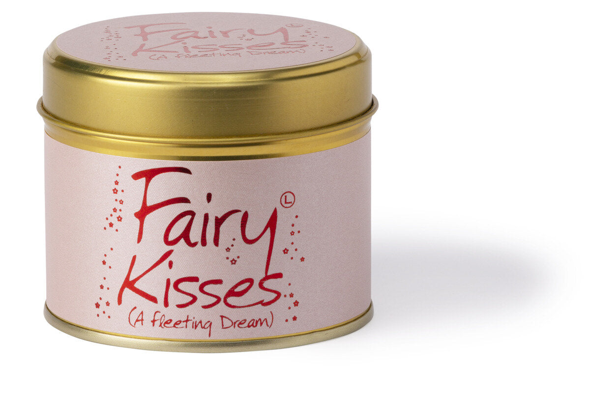 Lily-Flame Fairy Kisses scented tin candle with floral design and pink wax, perfect for adding a charming touch to your space.