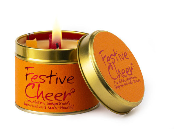 Lily-Flame Festive Cheer scented tin candle with holiday-themed design and warm, festive fragrance in a metal tin.