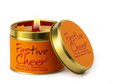 Lily-Flame Festive Cheer scented tin candle with holiday-themed design and warm, festive fragrance in a metal tin.
