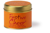Lily-Flame Festive Cheer scented tin candle with holiday-themed design and warm, inviting glow.