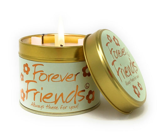 Lily-Flame Forever Friends scented tin candle with floral and cartoon character design, featuring a decorative metal tin.