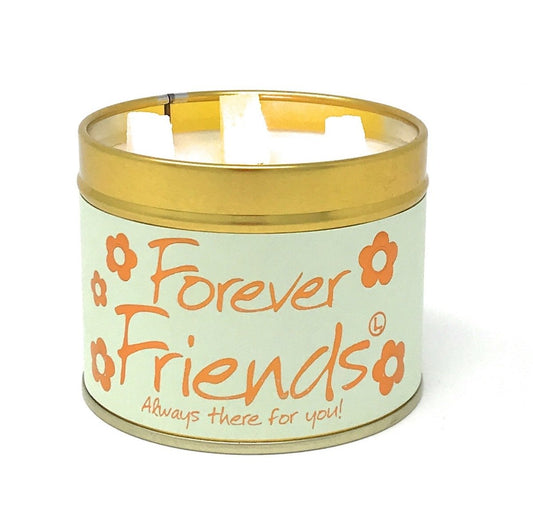 Lily-Flame Forever Friends scented tin candle with floral and friendship-themed design, perfect for cozy home ambiance.