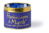 Lily-Flame Frankincense and Myrrh scented tin candle with a decorative label, perfect for home fragrance and ambiance.