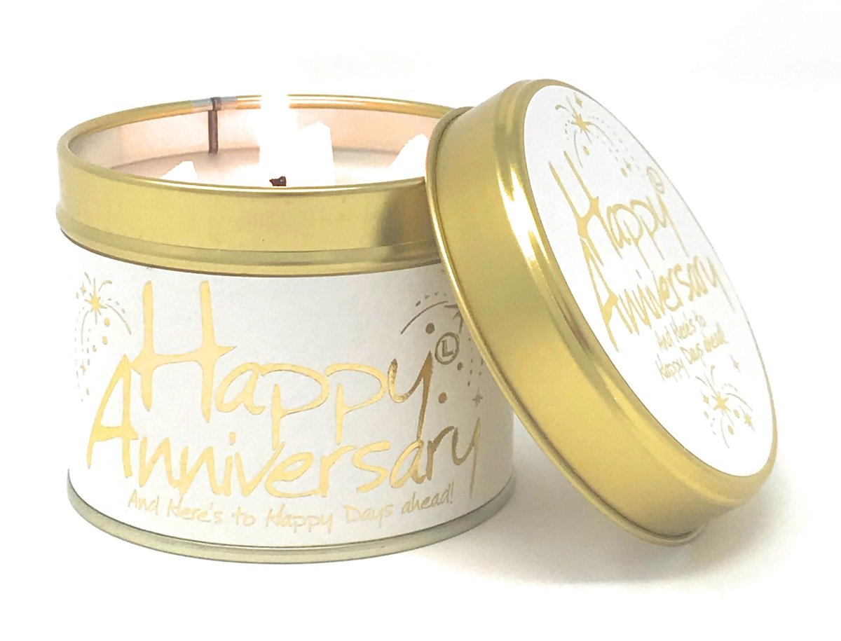 Lily-Flame Happy Anniversary scented tin candle with floral design and decorative label, perfect for celebrating special occasions