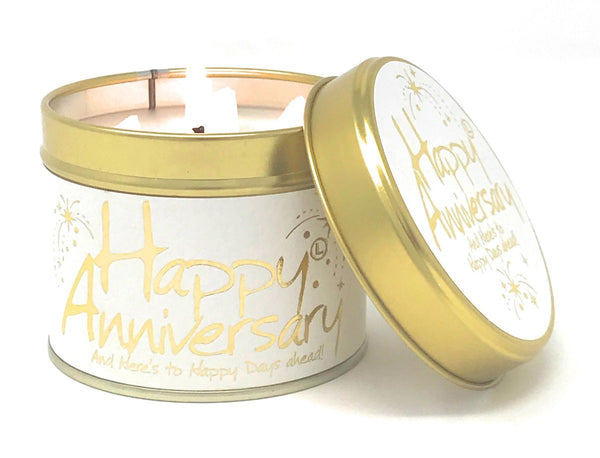 Lily-Flame Happy Anniversary scented tin candle with floral design and decorative label, perfect for celebrating special occasions