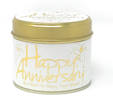Lily-Flame Happy Anniversary scented tin candle with floral design, perfect for celebrating special occasions.