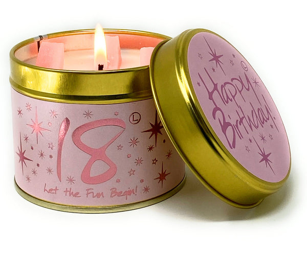 Lily-Flame Happy Birthday 18th scented tin candle with colorful birthday cake design and decorative floral accents.