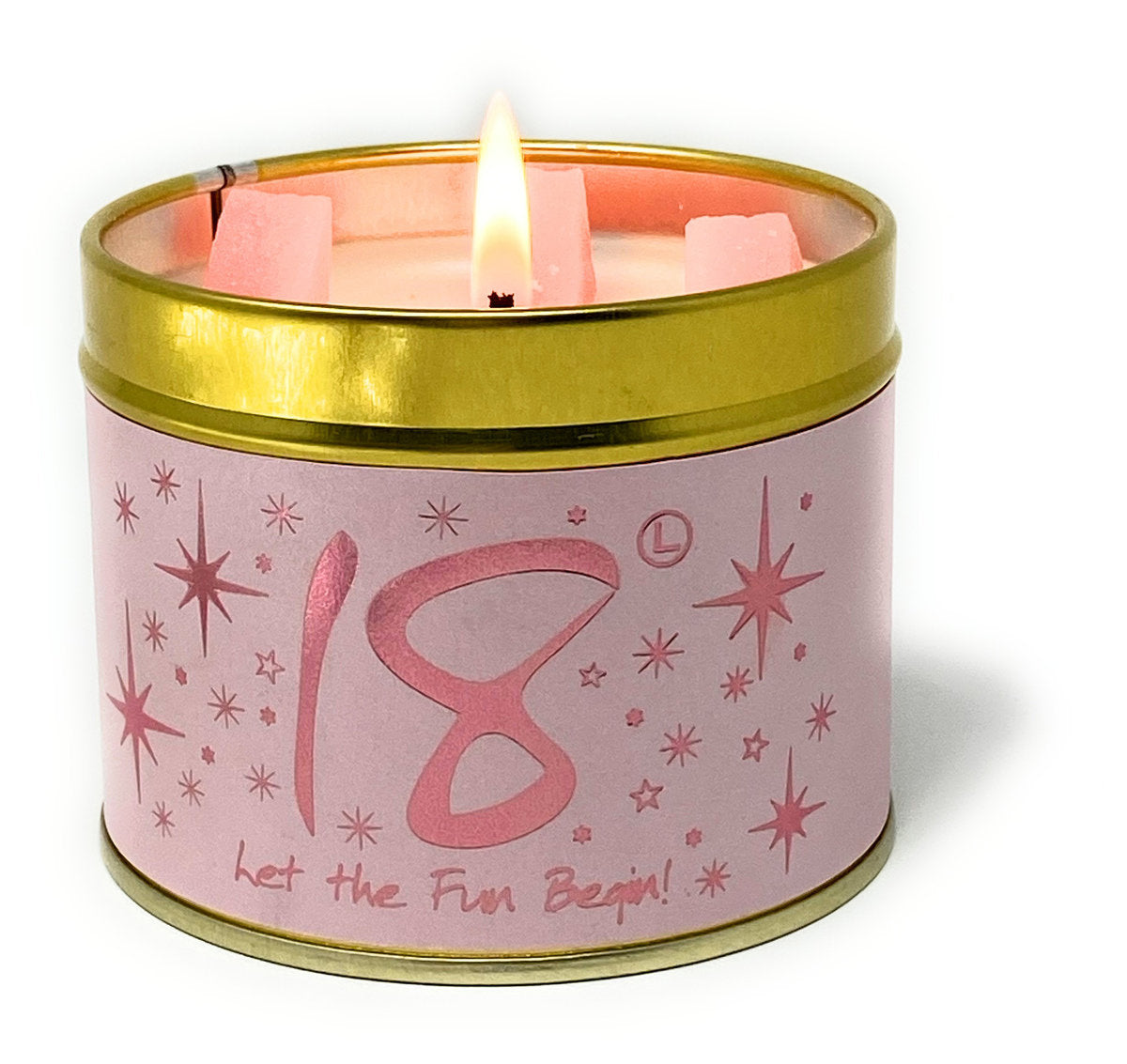 Lily-Flame Happy Birthday 18th scented tin candle with colorful birthday design and floral accents on a white background.