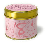 Lily-Flame Happy Birthday 18th scented tin candle with floral design, perfect for celebrating milestone birthdays.