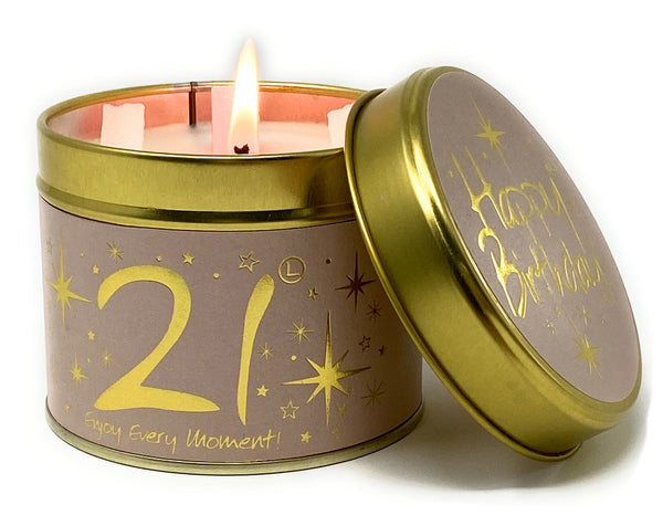Lily-Flame Happy Birthday 21st scented tin candle with colorful birthday-themed design and floral accents.