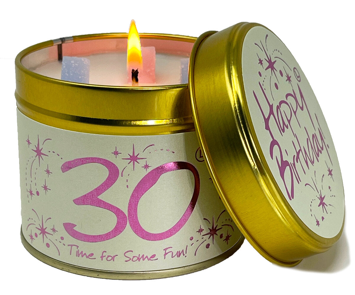 Lily-Flame Happy Birthday 30th scented tin candle with colorful birthday cake design and festive packaging.