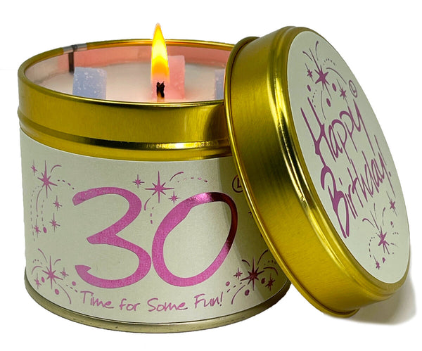 Lily-Flame Happy Birthday 30th scented tin candle with colorful birthday cake design and festive packaging.