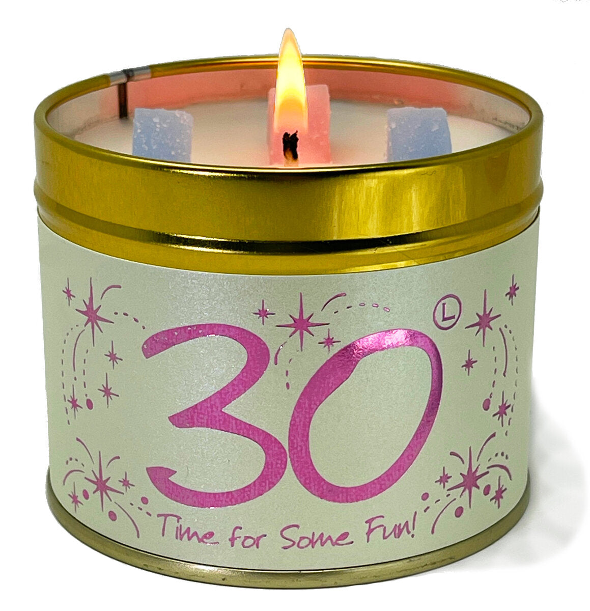 Lily-Flame Happy Birthday 30th scented tin candle with colorful birthday-themed design and decorative label.