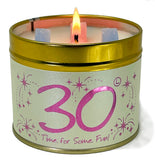 Lily-Flame Happy Birthday 30th scented tin candle with colorful birthday-themed design and decorative label.