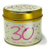 Lily-Flame Happy Birthday 30th scented tin candle with colorful birthday-themed design and floral accents.